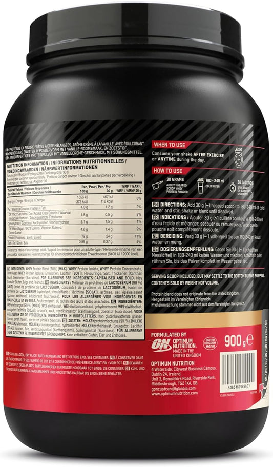 Optimum Nutrition Gold Standard 100% Protein Powder, French Vanilla Creme Flavour, 30 Servings, 900 g
