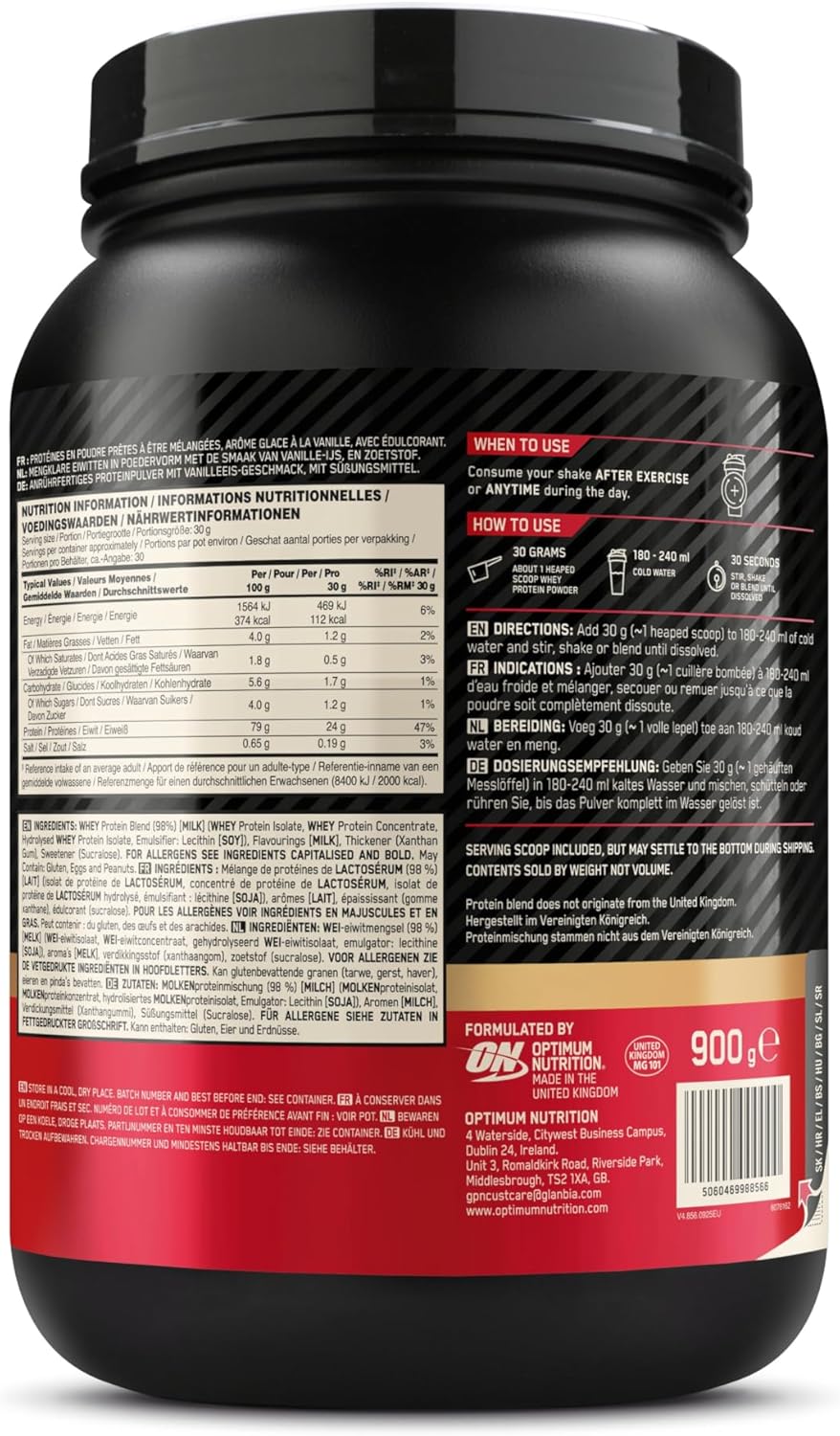 Optimum Nutrition Gold Standard 100% Protein Powder Vanilla Ice Cream Flavour, 30 Servings, 900 g
